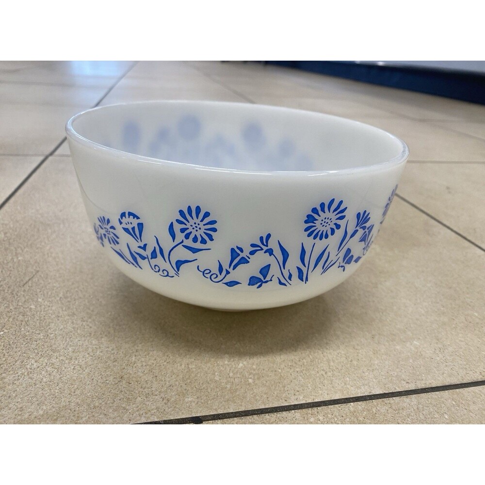 Vintage Fire King Anchor Hocking Milk Glass Blue Flower Mixing Bowl 2.5 Quart